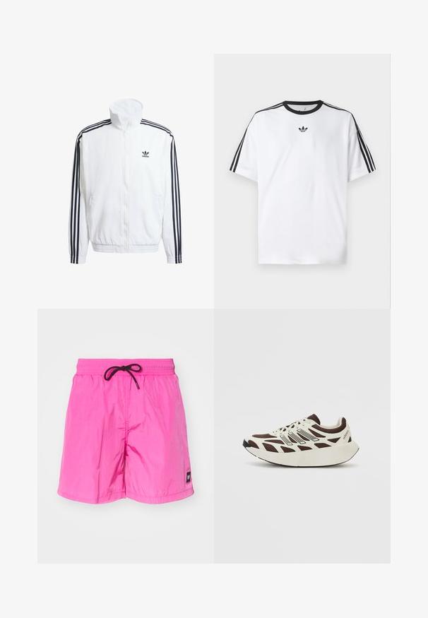 Biała kurtka z zamkiem na całej długości i wysokim kołnierzem, z czarnymi, trzema pasami na rękawach oraz małym czarnym logo adidas na piersi.; Biała koszulka z bawełny, z czarnym okrągłym dekoltem i trzema czarnymi paskami na każdym ramieniu. Małe czarne logo na klatce piersiowej.; Różowe, lekkie szorty kąpielowe z elastycznym pasem i czarnym sznurkiem do regulacji. Posiadają małą metkę na lewym udzie. Gładka tekstura.; Brązowe i kremowe sneakersy z siateczkowym wierzchem, teksturowanymi nakładkami oraz zaokrągloną, grubą białą podeszwą. Wyposażone w niskoprofilowy język i sznurowadła.