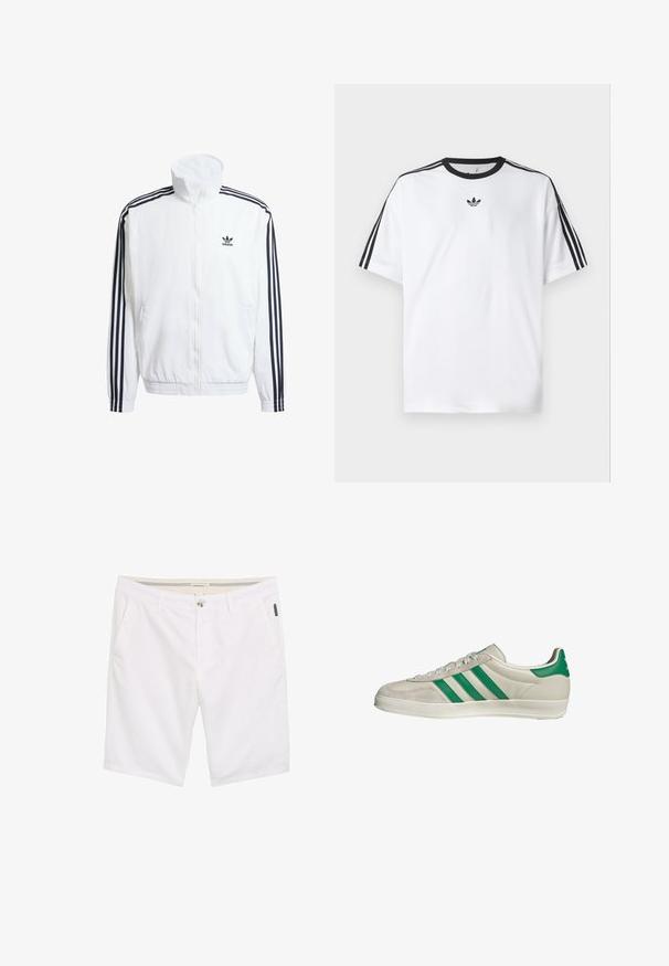 Veste blanche zippée avec col montant, ornée de accents noirs à trois rayures sur les manches et d'un petit logo adidas noir sur la poitrine.; T-shirt blanc en coton, doté d'un col rond noir et de trois rayures noires sur chaque épaule. Petit logo noir sur la poitrine.; Shorts blancs avec une fermeture éclair et un bouton, deux poches latérales, et un tissu texturé avec un subtil détail de couture.; Baskets beiges avec des rayures vertes, dotées d'une semelle blanche et d'un dessus en cuir lisse. Vue de côté mettant en valeur les détails des lacets et le logo.