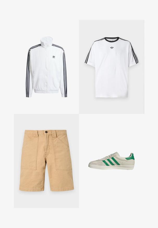 Witte zip-up jas met hoge kraag, voorzien van zwarte driekleurige accenten op de mouwen en een klein zwart adidas-logo op de borst.; Witte T-shirt van katoen, met een zwarte ronde halslijn en drie zwarte strepen op elke schouder. Klein zwart logo op de borst.; Khaki shorts van katoen met een grove textuur, voorzien van twee voorkruipzakken en een knoopsluiting bij de taille.; Beige sneaker met groene strepen, voorzien van een witte zool en een bovenkant van glad leer. Zijaanzicht dat de veters en het logo benadrukt.