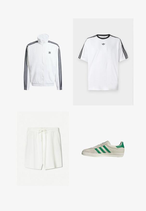 White zip-up jacket with high collar, featuring black three-stripe accents on sleeves and a small black adidas logo on the chest.; White T-shirt made of cotton, featuring a black round neckline and three black stripes on each shoulder. Small black logo on the chest.; White athletic shorts made of lightweight fabric, featuring an elastic waistband with a drawstring and side pockets. Smooth texture.; Beige sneaker with green stripes, featuring a white sole and a smooth leather upper. Side view highlighting lace details and logo.