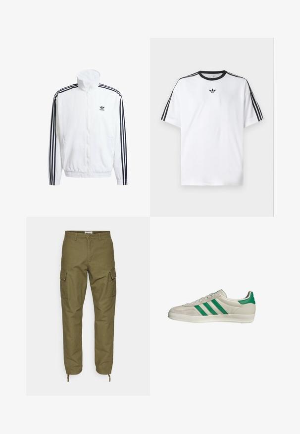 Witte zip-up jas met hoge kraag, voorzien van zwarte driekleurige accenten op de mouwen en een klein zwart adidas-logo op de borst.; Witte T-shirt van katoen, met een zwarte ronde halslijn en drie zwarte strepen op elke schouder. Klein zwart logo op de borst.; Olijfgroene cargo pants van katoen met twee zijzakken, trekkoord bij de enkels en een knoopsluiting bij de taille.; Beige sneaker met groene strepen, voorzien van een witte zool en een bovenkant van glad leer. Zijaanzicht dat de veters en het logo benadrukt.