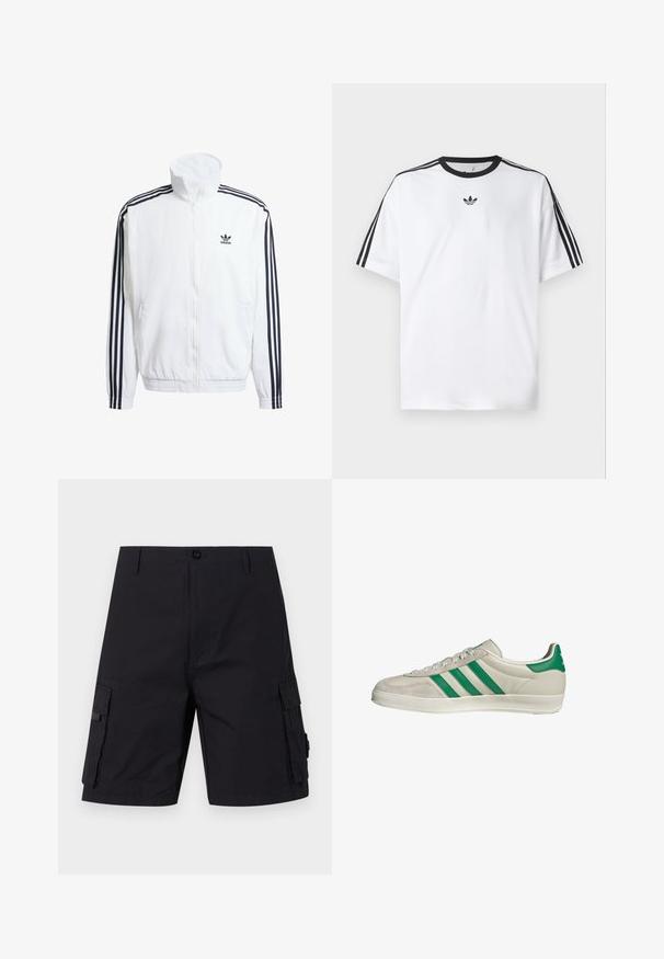 White zip-up jacket with high collar, featuring black three-stripe accents on sleeves and a small black adidas logo on the chest.; White T-shirt made of cotton, featuring a black round neckline and three black stripes on each shoulder. Small black logo on the chest.; Black cargo shorts with a straight cut, made of durable fabric. Features two side pockets and button closure.; Beige sneaker with green stripes, featuring a white sole and a smooth leather upper. Side view highlighting lace details and logo.