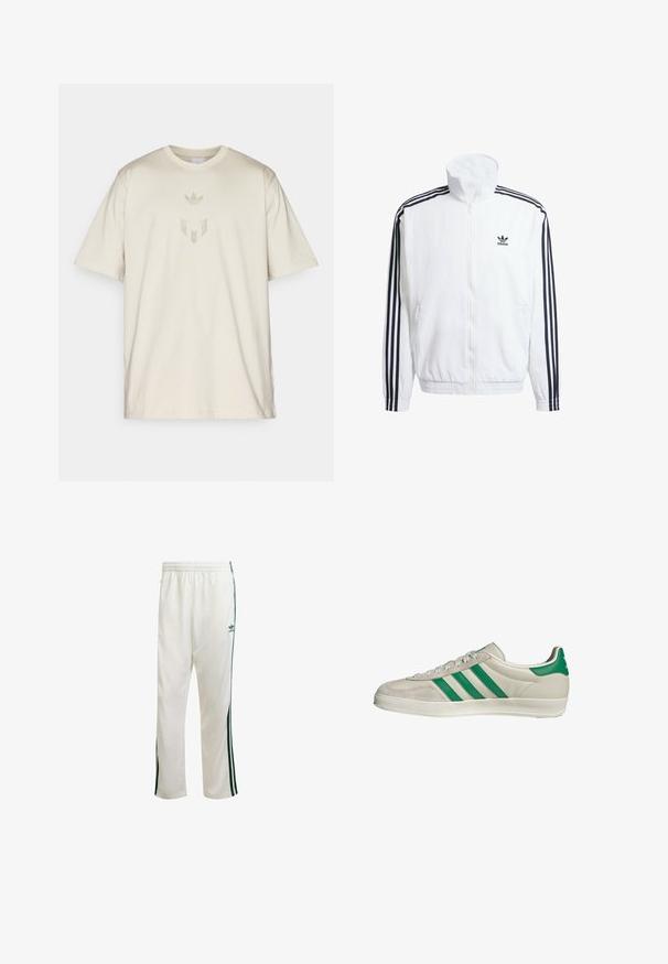 Witte zip-up jas met hoge kraag, voorzien van zwarte driekleurige accenten op de mouwen en een klein zwart adidas-logo op de borst.; Beige katoenen T-shirt met een ronde hals, voorzien van een verhoogd Adidas-logo en embleem in dezelfde kleur op de voorkant.; Witte sportbroek met groene zijkanten, elastische tailleband en een logo aan de bovenkant aan de linkerkant. Gemaakt van lichtgewicht stof.; Beige sneaker met groene strepen, voorzien van een witte zool en een bovenkant van glad leer. Zijaanzicht dat de veters en het logo benadrukt.