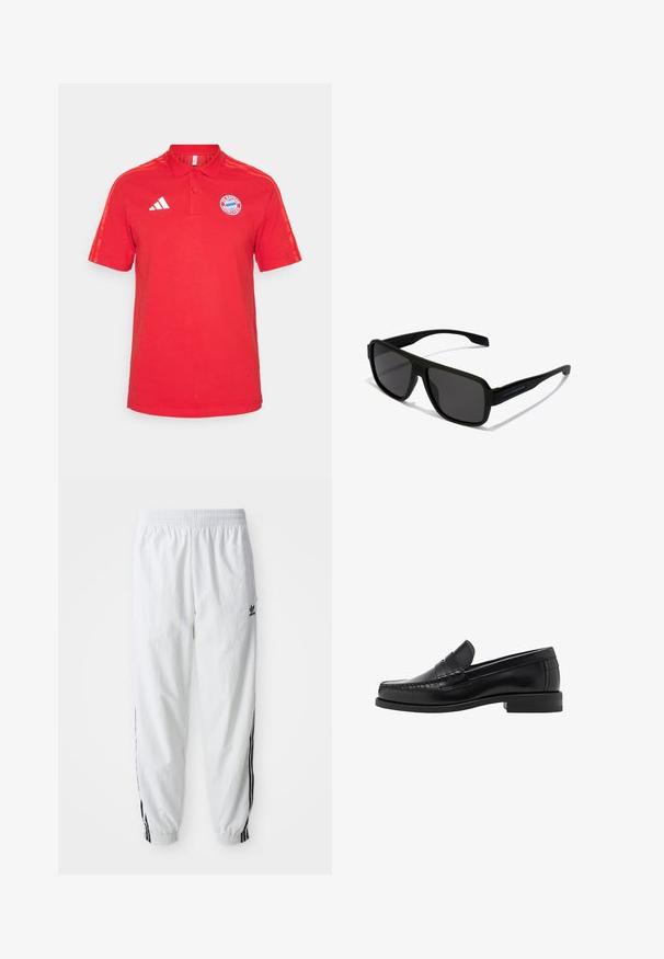Bela zip-up jakna z visokim ovratnikom, ki ima črne tri-ravne akcentne na rokavih in majhen črn adidas logotip na prsih.; Rdeča bombažna polo majica s ovratnikom, kratkimi rokavi, tremi belimi črtami na ramenih in logotipom Bayerna Munchen na prsih.; Bela športna hlače z črnimi stranskimi črtami, elastičnim pasom in manšetami; vsebujejo logotip Adidas na levem stegnu. Gladek občutek tkanine.; Črne usnjene loafer čevlje z gladko površino, šivani detajli na prstu in nizka peta za udobje in stil.; Hawkers PARLAY - Sončna očala - black
