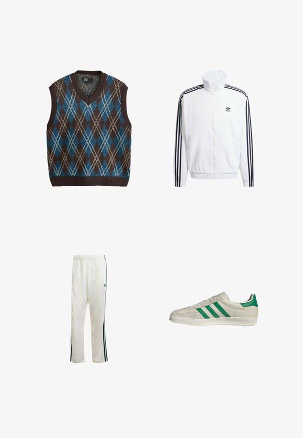 White zip-up jacket with high collar, featuring black three-stripe accents on sleeves and a small black adidas logo on the chest.; V-neck sleeveless vest in brown, blue, and cream argyle pattern. Textured wool blend with ribbed hem and armholes.; White athletic pants with green side stripes, elastic waistband, and a logo on the upper left side. Made from lightweight fabric.; Beige sneaker with green stripes, featuring a white sole and a smooth leather upper. Side view highlighting lace details and logo.