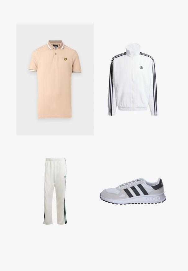 Vit dragkedjesjacka med hög krage, prydd med svarta tre-rands accenter på ärmarna och en liten svart adidas-logga på bröstet.; Beige pikétröja i bomull med tvåknapparslå, vita randiga detaljer på kragen och ärmarna samt en gul logotyp på bröstet.; Vita atletiska byxor med gröna sidosträcker, elastisk midja och en logo på övre vänstra sidan. Tillverkade av lättviktig tyg.; Grå och vit träningsskor med meshtopp, mockadetaljer, tre svarta ränder och en strukturerad gummisula med runda utklipp.