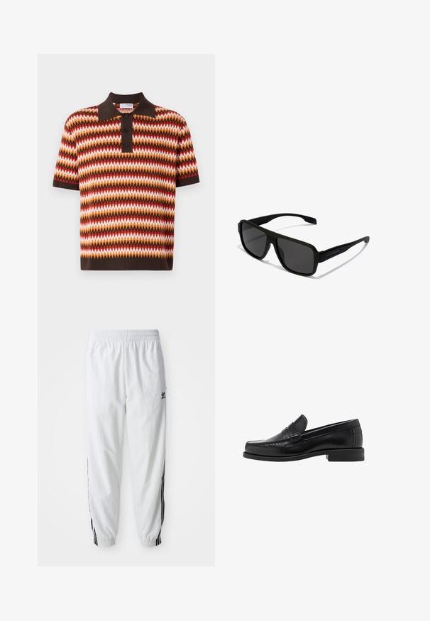 Hvid zip-up jakke med høj krave, pyntet med sorte tre-stribede accenter på ærmerne og et lille sort adidas-logo på brystet.; Kortærmet polo skjorte med krave i et zigzag mønster i rød, orange, brun og hvid; har tre knapper og en kontrastfarvet krave.; Hvide træningsbukser med sorte sidelister, elastisk talje og manchetter; har Adidas-logoet på venstre lår. Glat stoftekstur.; Sorte læder loafers med en glat finish, syede detaljer på tåen og et lavt hældesign for komfort og stil.; Hawkers PARLAY - Solbriller - black