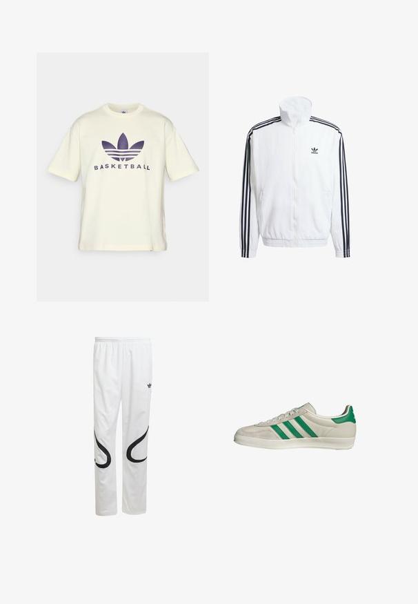 Weißer Zip-Up-Jacke mit hohem Kragen, ausgestattet mit schwarzen Drei-Streifen-Akzenten an den Ärmeln und einem kleinen schwarzen adidas-Logo auf der Brust.; Cremfarbendes Baumwoll-T-Shirt mit einem großen lila Basketball-Graphic und dem adidas Drei-Streifen-Logo, mit kurzen Ärmeln und Rundhalsausschnitt.; Weiße Sporthose mit glatter Textur, die schwarze geschwungene Designs an den Seiten und ein schwarzes Logo in der Nähe des Bundes aufweist.; Beige Sneaker mit grünen Streifen, ausgestattet mit einer weißen Sohle und einem Obermaterial aus glattem Leder. Seitenansicht, die die Schnürdetails und das Logo hervorhebt.