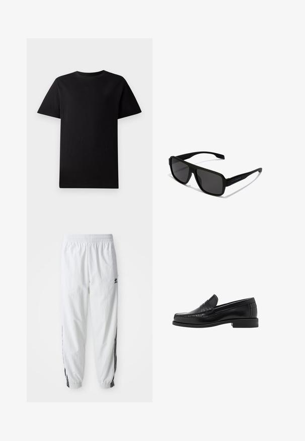 Bílá bundová mikina na zip s vysokým límečkem, která má černé třípruhé akcenty na rukávech a malé černé logo adidas na hrudi.; Černé krátké tričko s kulatým výstřihem z bavlny, položené na bílé pozadí.; Bílé sportovní kalhoty s černými bočními pruhy, elastickým pasem a manžetami; na levém stehně je logo Adidas. Hladká textilie.; Černé kožené mokasíny s hladkým povrchem, prošíváním na špičce a nízkým podpatkem pro komfort a styl.; Hawkers PARLAY - Sluneční brýle - black