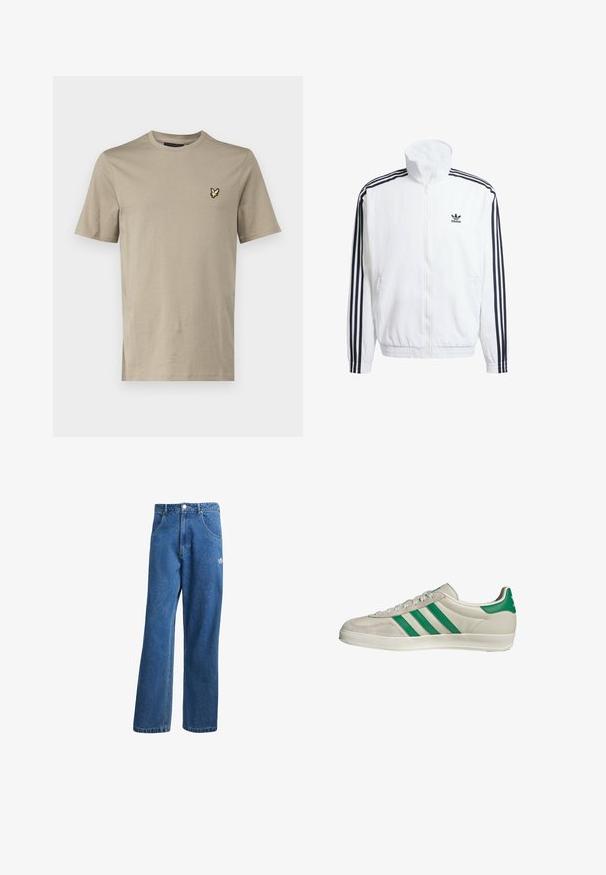 Giacca bianca con zip e collo alto, con accenti neri a tre strisce sulle maniche e piccolo logo adidas nero sul petto.; Lyle & Scott T-shirt basic - sage; Jeans di denim a vita alta e gamba larga blu, con tasche frontali, passanti per cintura, chiusura a bottone e piccolo logo Adidas sulla coscia destra.; Sneaker beige con strisce verdi, con suola bianca e tomaia in pelle liscia. Vista laterale che evidenzia i dettagli dei lacci e il logo.