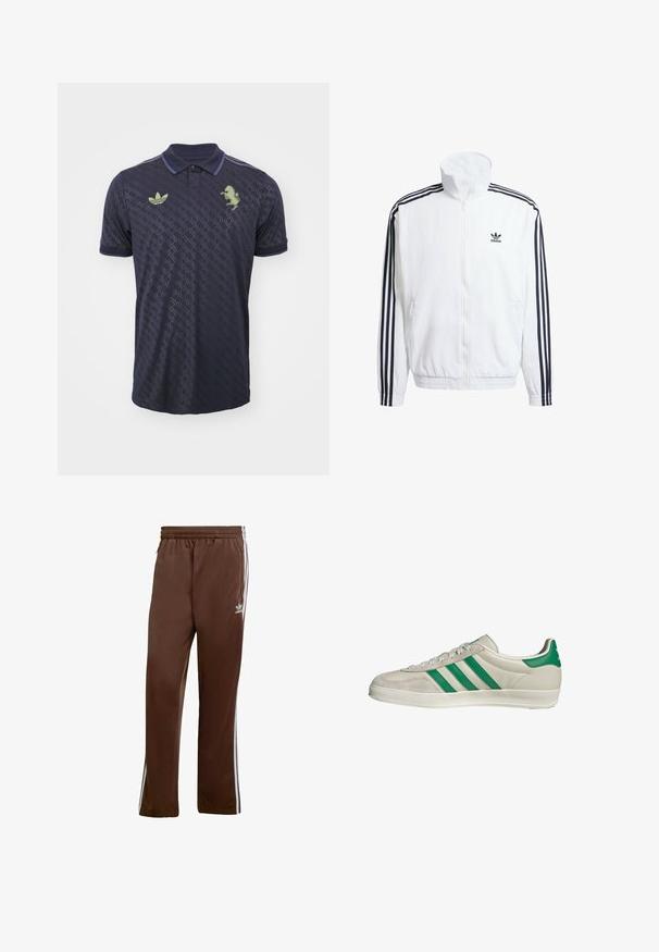 Giacca bianca con zip e collo alto, con accenti neri a tre strisce sulle maniche e piccolo logo adidas nero sul petto.; Polo shirt blu navy con un motivo testurizzato, caratterizzato da un logo verde sul lato sinistro del petto e dettagli a contrasto nel colletto e nelle maniche.; Pantaloni sportivi marroni realizzati in tessuto liscio, con strisce laterali bianche e una cintura elastica. Presentano tasche su entrambi i lati.; Sneaker beige con strisce verdi, con suola bianca e tomaia in pelle liscia. Vista laterale che evidenzia i dettagli dei lacci e il logo.