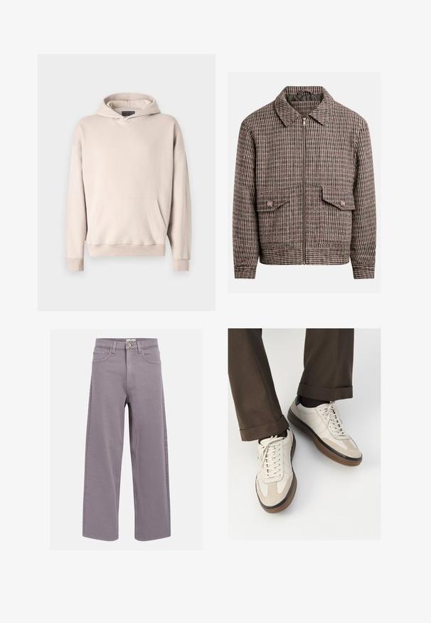 Chaqueta de patrón de espiga en tonos marrones y negros, con cremallera frontal, dos bolsillos en el pecho y un diseño de cuello clásico.; Sudadera con capucha color beige claro, hecha de un tejido suave. Presenta un bolsillo tipo canguro, puños acanalados y un diseño de corte relajado.; Jeans rectos en color lavanda-gris, con bolsillos delanteros y traseros, pasadores para cinturón y cierre de botón en la cintura.; Zapatillas beige con un frente de ante texturizado, lados de cuero liso y suela de goma marrón. Incluyen cordones y un detalle de costura ligera.