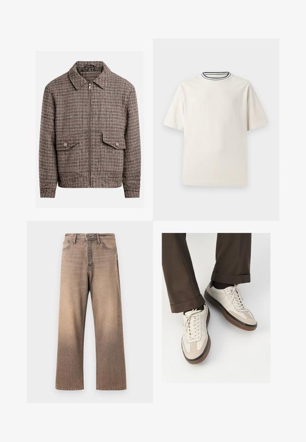 Chaqueta de patrón de espiga en tonos marrones y negros, con cremallera frontal, dos bolsillos en el pecho y un diseño de cuello clásico.; Camiseta de algodón color crema con mangas cortas, que presenta un escote redondo acentuado por franjas en navy y blanco. Textura suave, corte relajado.; Vaqueros de pierna ancha en un lavado marrón degradado, con diseño clásico de cinco bolsillos, trabillas para cinturón y costuras en contraste sobre una textura de denim suave.; Zapatillas beige con un frente de ante texturizado, lados de cuero liso y suela de goma marrón. Incluyen cordones y un detalle de costura ligera.