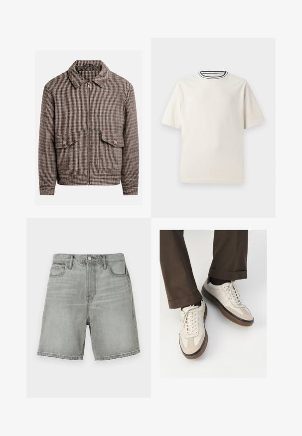 Sako s houndstooth vzorom v odtieňoch hnedej a čiernej, s predným zipsom, dvoma náprsníkovými vreckami a klasickým golierom.; Krémové bavlnené tričko s krátkymi rukávmi, s okrúhlym výstrihom doplneným námorníckymi a bielymi pruhmi. Hladká textúra, voľný strih.; Sivé denimové šortky s klasickým strihom, vybavené gombíkovým uzáverom, prednými vreckami a surovým okrajom. Jemné vyblednutie na látke.; Béžové tenisky s textúrovanou zamšovou prednou časťou, hladkými koženými bočnými stranami a hnusou gumovou podrážkou. Obsahujú šnúrky a svetlé stehy ako detail.