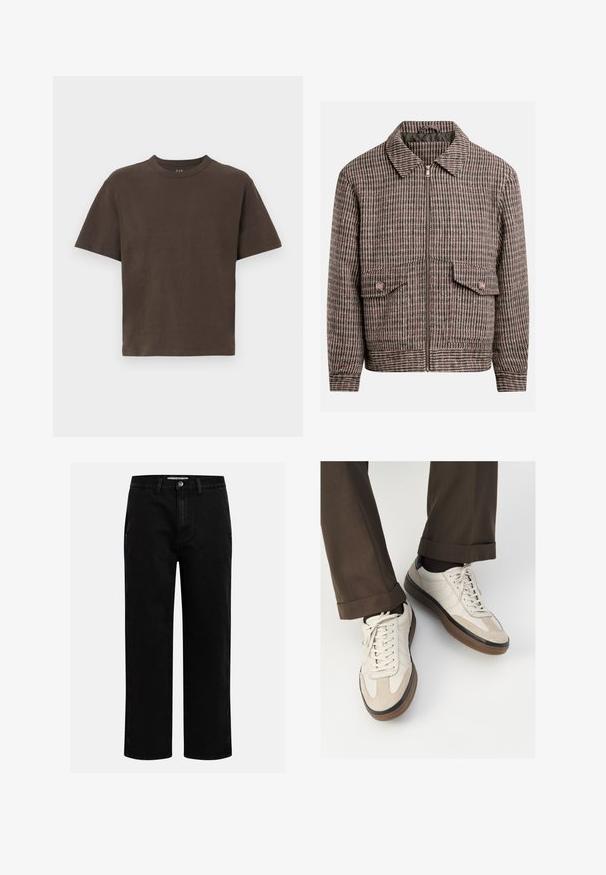 Jakna s uzorkom hounds-tooth u nijansama smeđe i crne, s prednjim zatvaračem, dva džepa na grudima i klasičnim dizajnom ovratnika.; Smeđa pamučna majica s kratkim rukavima i okruglim izrezom. Glatka tekstura, minimalistički dizajn, bez uzoraka ili dodatnih detalja.; Crne traperice ravnog kroja s klasičnim dizajnom s pet džepova i kopčanjem na dugme u struku. Glatka tekstura i izdržljiv materijal.; Bež tenisice s teksturiranom nubuk prednjom stranom, glatkim kožnim bočnim stranama i smešnim gumenim potplatom. Uključene su vezice i lagani detalji šivanja.