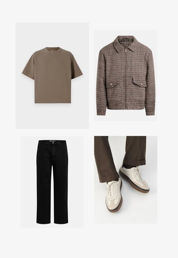 Sako s houndstooth vzorom v odtieňoch hnedej a čiernej, s predným zipsom, dvoma náprsníkovými vreckami a klasickým golierom.; Hnedé tričko s krátkymi rukávmi vyrobené z jemného materiálu s okrúhlym výstrihom. Má voľný strih a jednoduché lemovanie.; Čierne džínsové nohavice so strihom rovného nohu, klasickým dizajnom s piatimi vreckami a gombíkovým zapínaním v páse. Hladká textúra a odolná tkanina.; Béžové tenisky s textúrovanou zamšovou prednou časťou, hladkými koženými bočnými stranami a hnusou gumovou podrážkou. Obsahujú šnúrky a svetlé stehy ako detail.