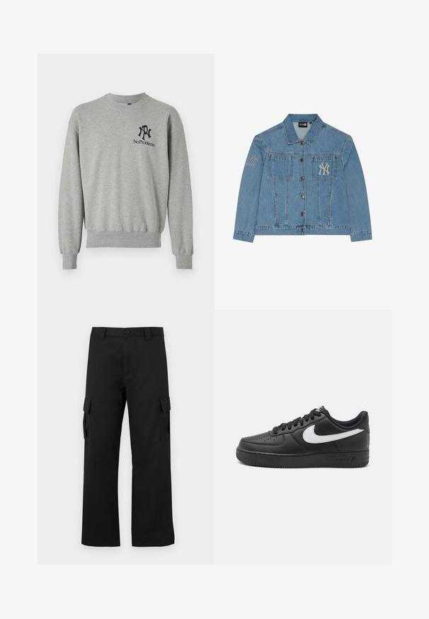 Gaišzila džinsi jakas ar pogu aizdari, divām priekšējām kabatām un izšuvumu ar Ņujorkas Jankiju logo kreisajā krūtī un piedurknē.; Pelēks sporta krekls ar apaļu kakla izgriezumu, ribota aproce un apakša. Ar melniem grafikiem: "R" un "No Problemo" kreisajā krūšu daļā.; Melni kargo bikses ar taisnu kāju dizainu. Izgatavotas no izturīga auduma, ar divām sānu kabatām ar atloki un pogu aizdari.; Melni Nike Air Force 1 kedai ar gludu ādas virsu, balti logotipa akcenti, perforētu purngals un teksturēta gumijas zole.