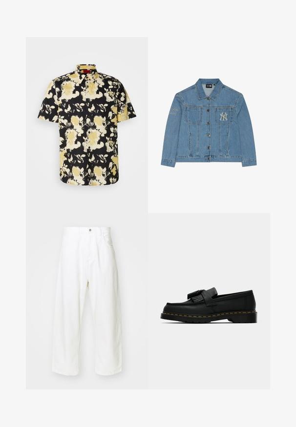 Šviesiai mėlynas džinsinis švarkas su mygtukų uždarymu, dviem priekinėm kišenėm ir išsiuvinėtu Niujorko „Yankees“ logotipu kairėje krūtinės pusėje ir ant rankovės.; Trumpos rankovės marškiniai juodos spalvos su geltonais gėlių raštais. Pagaminti iš lengvos medžiagos, turi klasikį apykaklę ir sagų užsegimą.; Balti platūs džinsai pagaminti iš džinsinio audinio, su aukštu juosmeniu, penkiais kišenėmis ir mygtuko uždarymu. Paprastas dizainas su nebaigtu kraštu.; Juodas oda loaferis su kutais, geltona siūlė aplink padą ir storas, briaunotas guminis padas.