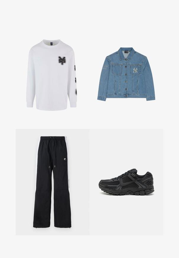 Lys blå denimjakke med knaplukning, to frontlommer og broderet New York Yankees-logo på venstre bryst og ærme.; Langærmet hvid T-shirt lavet af bomuld, med sorte graffiti-lignende grafikker på venstre bryst og ærme. Klassisk rundhalset design.; Sorte sportbukser med elastisk talje, hvide sidestriber, lynlåslukninger ved anklerne og et gummieret logo på forsiden.; Sort atletisk sko med overdækning af mesh, gummisål og teksturerede detaljer. Designet inkluderer et markant snøresystem og polstret sål.