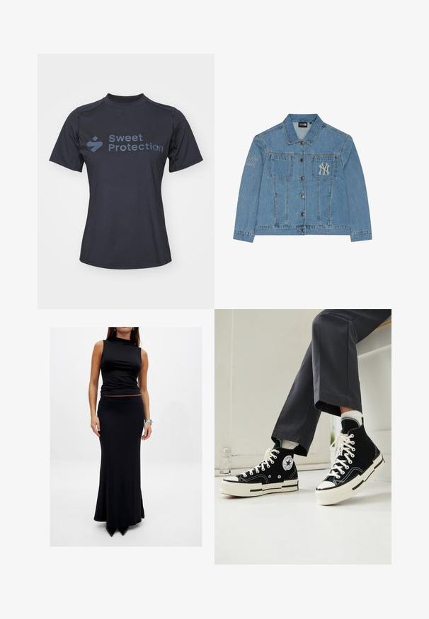 Denim jakna svetlo modre barve z gumbom za zapiranje, dvema sprednjima žepoma in vezenim logotipom New York Yankees na levi prsni in rokavni strani.; Kratke rukave črna majica, narejena iz gladkega blaga, z napisom "Sweet Protection" v kontrastni temno modri barvi spredaj.; Črna brezrokavnik s ovratnikom, ki se prilega črni maxi krilu. Obe obleki sta izdelani iz gladkega blaga in nimata nobenih vzorcev.; Črne platnene visokotopne superge z gumijastim zaščitnim kapico, belimi vezalkami in označbo Converse. Imajo kontrastno belo podplat in šiv.