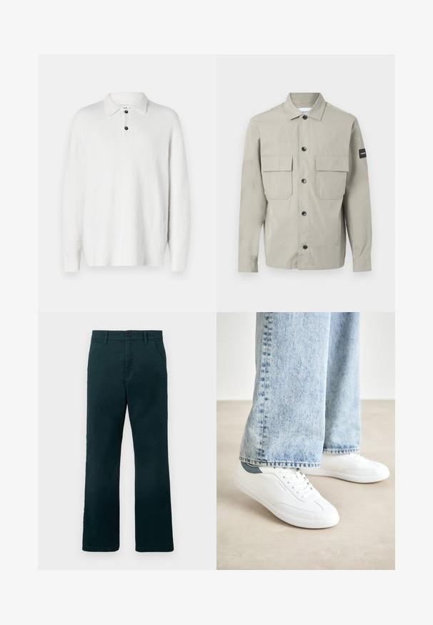 Calvin Klein OVERSHIRT - Suvejakk - london fog; Valge sviiter sileda ja pehme kangaga. Omab klassikalist kraed, kolme nupuga lipsu ja pikki varrukaid. Lihtne disain, ilma mustriteta.; Tumedast rohelised sirged püksid, millel on vööaasad, küljetaskud ja nööpkinnitus, valge ühetoonilise tausta ees.; Valged spordijalatsid sileda materjaliga, nööridega mudel, tekstuurne kummitald ja türkiissinine aksent kandadel, koos heledate siniste teksadega.