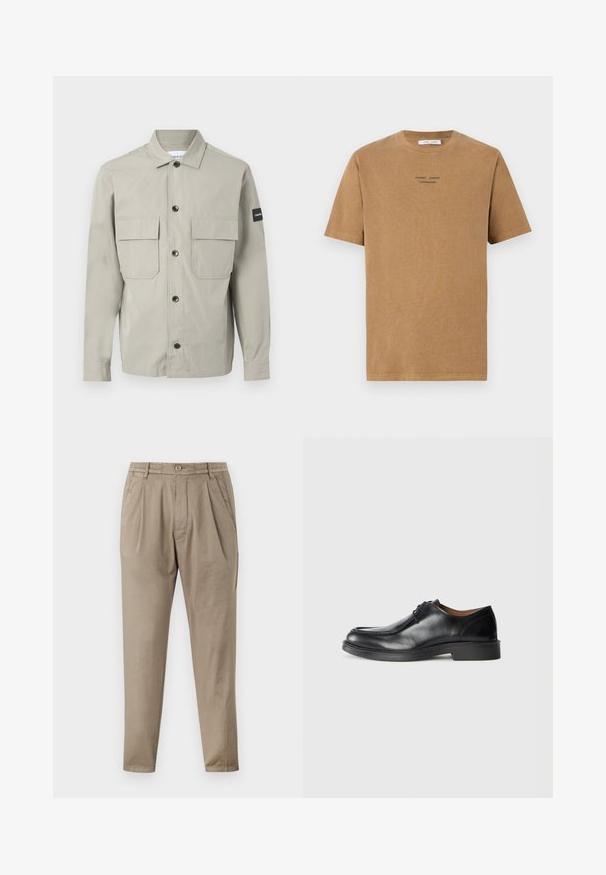Calvin Klein OVERSHIRT - Vasaras jaka - london fog; Brūns kokvilnas T-krekls ar apaļu kakla izgriezumu, īsām piedurknēm un melnu tekstu "SAMSE SAMSE COPENHAGEN" uz priekšpuses.; Bežīgas bikses, izgatavotas no mīksta auduma, ar brīvu piegriezumu, krokām priekšpusē, elastīgu jostasvīru un sašaurinātām kājām.; Melna ādas kleitu kurpe ar apaļu purngalu, gludu virsmu, auklu akcentiem un zemu, strukturētu gumijas zoli. Tīras līnijas un minimālistisks dizains.