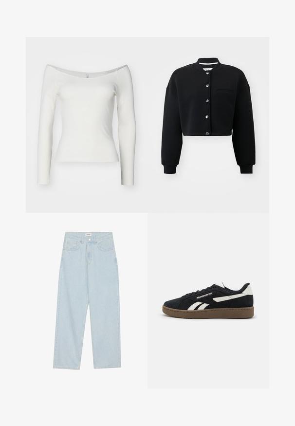 Melnas saīsinātās sporta jakas ar apaļu apkakli, sudraba pogām un priekšējo kabatu. Izgatavota no mīksta auduma ar ribotām piedurknēm.; Balta off-the-shoulder ilgu piedurkņu blūze, izgatavota no ribota materiāla. Pieguļošs dizains ar gludu faktūru un taisnu apakšmalu.; Gaiši zilas platās kājas džinsi, kas izgatavoti no denima, ar vidēju jostas augstumu, piecām kabatām un pogas aizdari ar šauru metāla akcentu.; Melnas zamšādas kedas ar baltām akcentiem, plakanām šņorēm un brūnu gumijas zoli. Satur logotipu sānos un faktūru augšdaļā, lai nodrošinātu labāku saķeri.