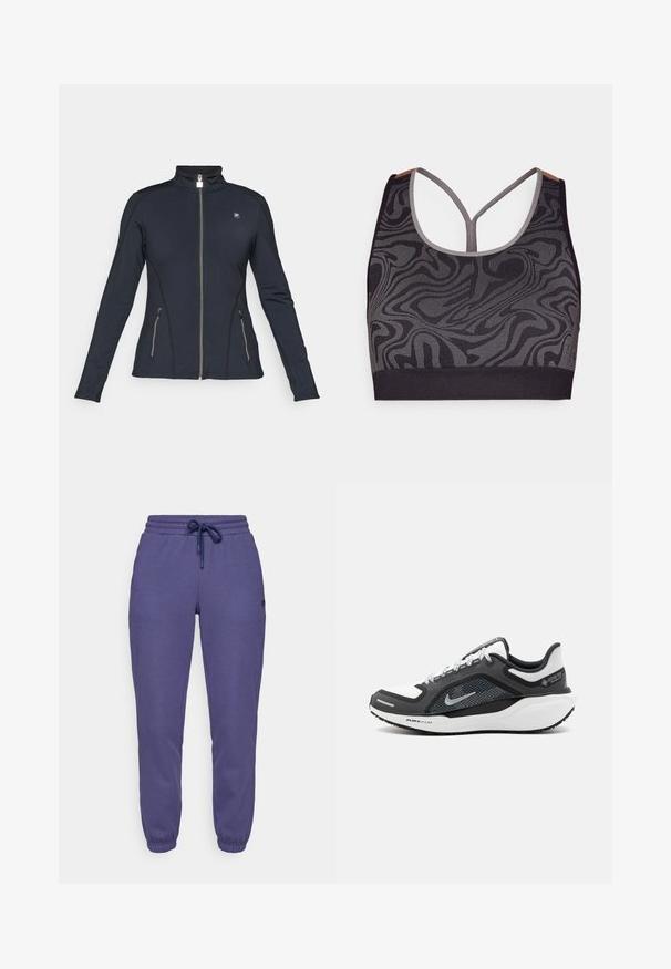 Juodas užtrauktuku užsegamas megztinis su ilgomis rankovėmis, aukštu apykakle, užtrauktuku užsegamomis šoninėmis kišenėmis ir kontrastingais siuvinėjimo akcentais. Pagamintas iš lygios, tamprios medžiagos.; Juoda sportinė liemenėlė su pilku sukimosi raštu, pasižyminti apykakle ir lenkta atgal. Pagaminta iš tekstūrinio mezginio audinio.; Violet spalvos sportinės kelnės iš minkštos medžiagos, turinčios elastinę juostą su raišteliu ir užsegamus kulkšnių kraštus.; Nike sportbačiai su juodai balta spalvų schemomis, tinklelio viršutinė dalis ir sidabriniai akcentai. Guma padas su "Air Zoom" ženklu, tekstūruotas geresniam sukibimui.