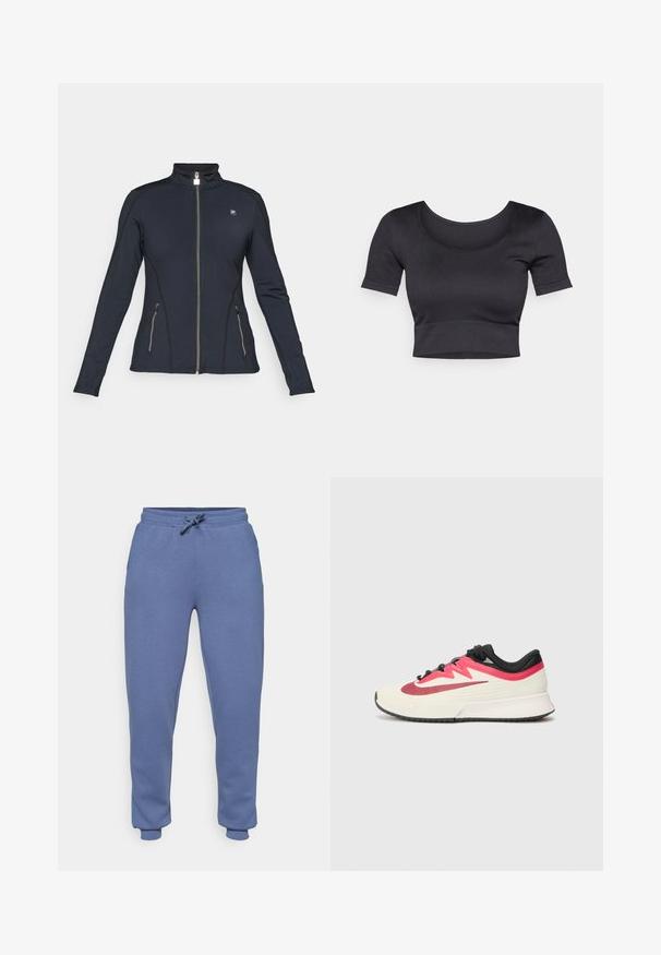 Juodas užtrauktuku užsegamas megztinis su ilgomis rankovėmis, aukštu apykakle, užtrauktuku užsegamomis šoninėmis kišenėmis ir kontrastingais siuvinėjimo akcentais. Pagamintas iš lygios, tamprios medžiagos.; Juodas raštuotas trumpas viršus su trumpomis rankovėmis, plačiu apvaliu iškirpimu ir prigludusia juosta apačioje. Minkšta tekstūra, laisvalaikio dizainas.; ONLY Play ONPLOUNGE LIFE HW REG SWT PNT - Treningo apatinė dalis - vintage indigo; Bėgimo bateliai su kreminiu viršumi, raudonais ir juodais akcentais, ir tekstūruota paviršiumi. Yra juodos raišteliai ir paminkštintas padas komfortui.