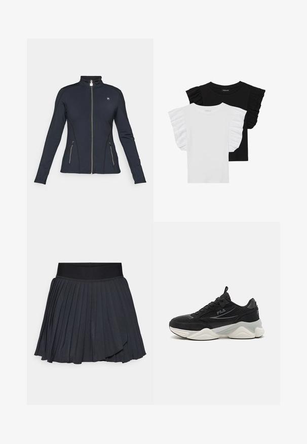 Musta vetoketjullinen takki pitkillä hihoilla, korkea kaulus, vetoketjulliset sivutaskut ja kontrastiväriset ompeluyksityiskohdat. Valmistettu sileästä ja joustavasta kankaasta.; Kaksi lyhythihaista t-paitaa: yksi musta rypytetyillä hihoilla, yksi valkoinen rypytetyillä hihoilla. Molemmat ovat valmistettu kevyestä puuvillakankaasta.; Mustat laskostetut hameet, joissa on leveä joustava vyötärö, tehty ohuesta kankaasta, jossa on hillitty kiilto, polvipituiset ja kerrokselliset.; Musta lenkkarit, jotka on valmistettu verkosta ja mokasta, paksu pohja, pyöristetty muoto, hillityt harmaat yksityiskohdat ja brändilogo sivulla.