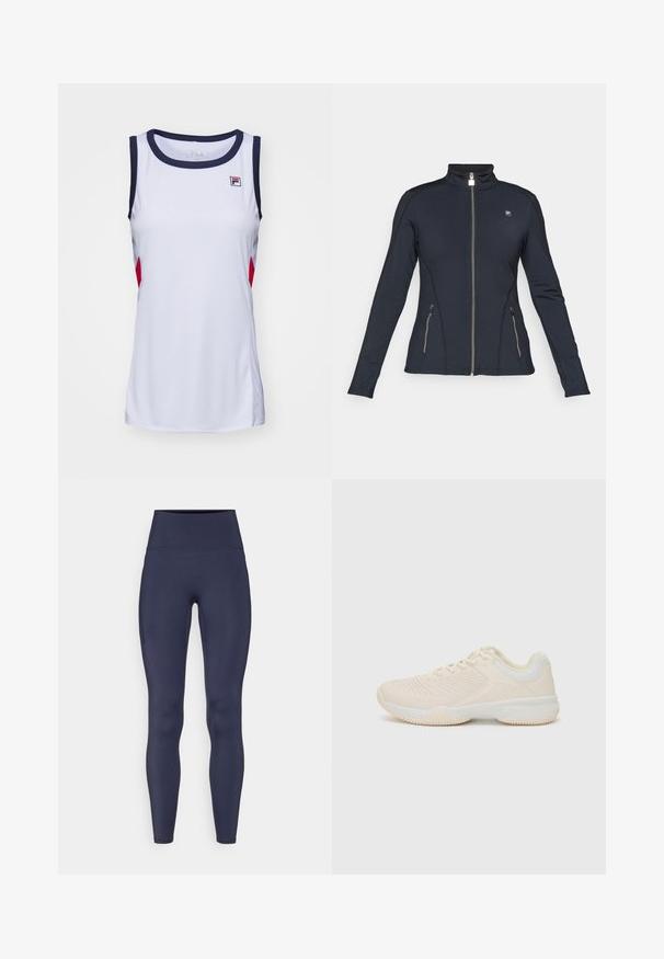 Černá mikina na zip s dlouhými rukávy, vysokým límcem, zapínacími bočními kapsami a kontrastním prošitím. Vyrobena z hladkého, elastického materiálu.; Bílé bezrukávové sportovní triko s námořnickým lemováním a červenými detaily. Má kulatý výstřih a logo Fila na hrudi. Hladká, lehká textura.; Námořnické modré legíny vyrobené z pružné látky, s vysokým pasem a boční kapsou. Hladká textura s přiléhavým střihem.; Svetle béžová sportovní bota s texturovaným svrškem, kontrastními bílými akcenty, kulatou špičkou a flexibilní gumovou podrážkou.