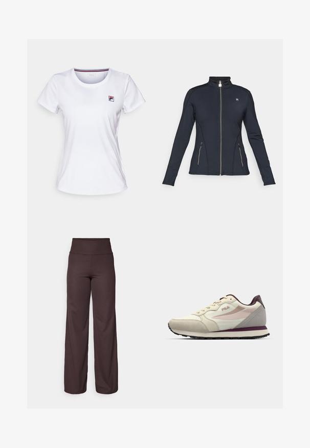 Czarna kurtka zapinana na zamek z długimi rękawami, wysokim kołnierzem, zasuwanymi bocznymi kieszeniami oraz kontrastowymi szwami. Wykonana z gładkiego, elastycznego materiału.; Biała koszulka z krótkim rękawem wykonana z lekkiego materiału. Posiada okrągły dekolt i małe kolorowe logo na lewej piersi. Prosty design.; Brązowe szerokie spodnie z prążkowanego materiału z wysokim stanem, o miękkiej teksturze i zwiewnym kroju, idealne do codziennych stylizacji.; Kremowe i jasnoszare sneakersy o teksturowanym wykończeniu, z różowymi i burgundowymi akcentami, sznurowanym zapięciem oraz czarną gumową podeszwą.