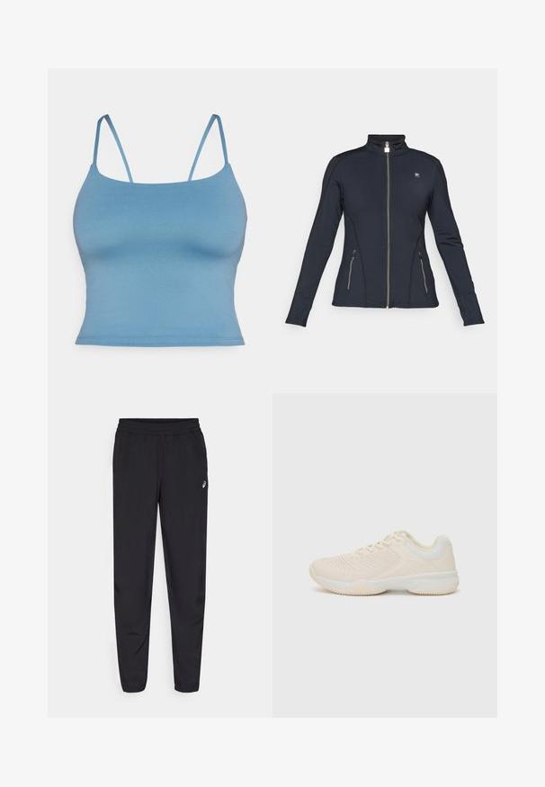 Čierna zipsová bunda s dlhými rukávmi, vysokým golierom, zipsovými bočnými vreckami a kontrastnými detailami šitia. Vyrobená z hladkej, elastickej látky.; Modrá priliehavá tielko s tenkými ramienkami, vyrobené z hladkej elastickej látky. Jednoduchý dizajn so rovnými okrajmi a bez ďalších detailov.; Čierne športové nohavice s elastickým pásom, zúženými nohavicami so zátkami, vyrobené z ľahkého, hladkého materiálu, a malým logom na stehne.; Svetlo béžová športová obuv s textúrovaným zvrškom, kontrastnými bielymi akcentmi, okrúhlou špičkou a flexibilnou gumovou podrážkou.