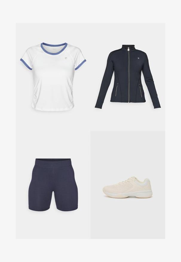 Must ära tõmblukuga must jope pikkade varrukatega, kõrge krae, tõmblukuga küljetaskud ja kontrastsed õmblusdetailid. Valmistatud siledast, venivast kangast.; Valge lühikeste varrukatega T-särk sinise äärega, millel on kergelt figuuri järgiv disain ja kogutud külje detail. Väike brändi logo rinnal.; Tumed sinised sportlikud lühikesed püksid, millel on sile ja veniv kangas. Omavad kõrget vöökohta ja sobivat lõiget, mis sobib erinevateks tegevusteks.; Heledbeezı spordijalatsid tekstuurse pealmise osaga, kontrastsete valgete aktsentidega, ümarate varvaste ja painduva kummitaldiga.