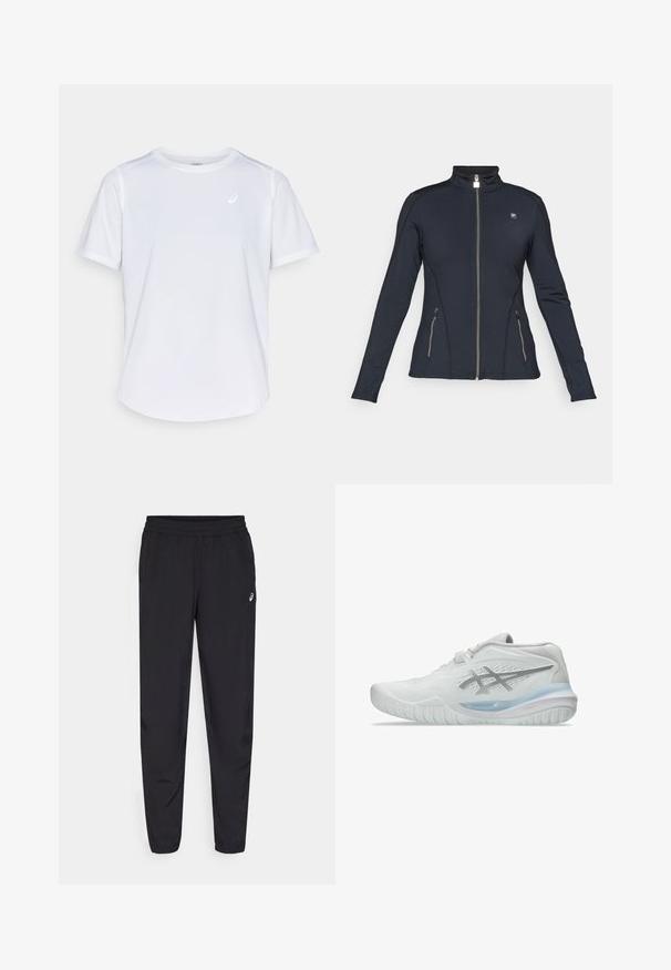 Svart hettejakke med lange ermer, høy krage, glidelås side lommer og kontrast søm detaljer. Laget av et glatt, elastisk stoff.; Hvit treningst-skjorte, kort erme, rund hals, laget av fuktighetsabsorberende materiale, med en liten logo på brystet, lett tekstur.; Svart idrettsbukser med elastisk linning, smale ben med mansjetter, laget av et lett og glatt materiale, med en liten logo på låret.; Hvite joggesko med en teksturert overdel, som har en gjennomskinnelig blå såle og subtle gråmerker på siden. Rund tå og lav profil.