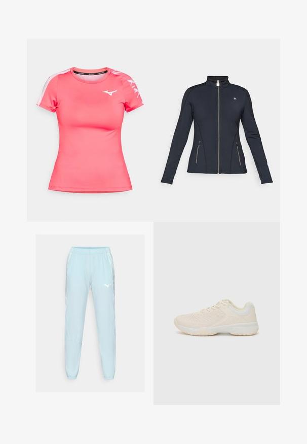 Casaco preto com fecho, mangas longas, gola alta, bolsos laterais com fecho e detalhes de costura em contraste. Feito de um tecido liso e elástico.; Camiseta desportiva rosa feita de um tecido suave e respirável. Apresenta mangas curtas, um decote redondo e um logotipo branco no peito e nas mangas.; Calças de desporto azul claro feitas de um tecido suave, com uma cintura elástica, pernas ajustadas e um logo branco na coxa esquerda.; Sapatilha atlética de tom bege claro com um upper texturizado, detalhes brancos em contraste, bico arredondado e sola de borracha flexível.