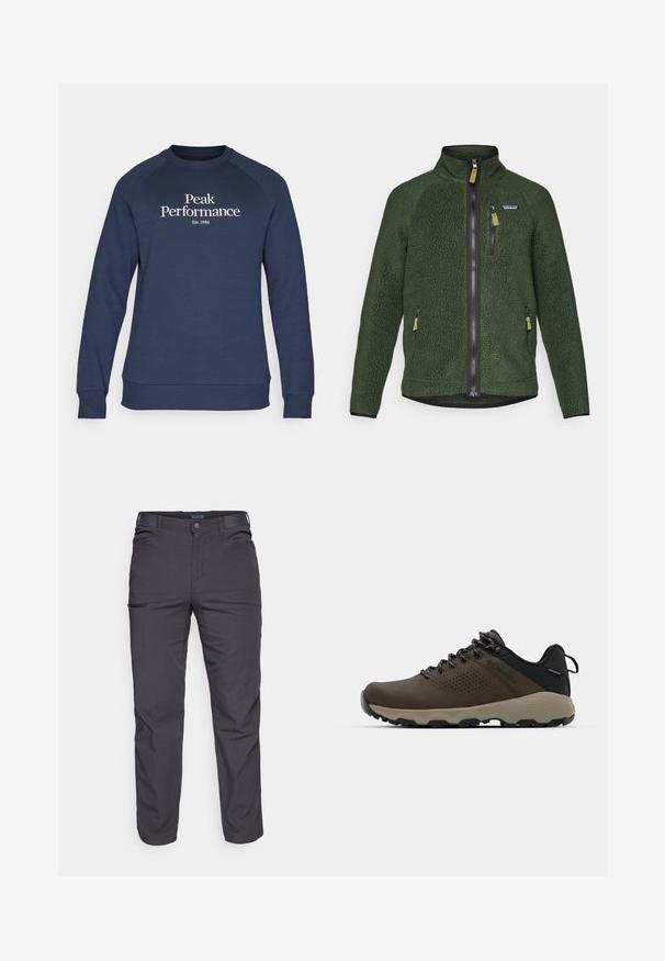 Mørkegrønn fleecejakke med full front- og brystglidelås, sidelommer med glidelås og en liten merkevarelogo på venstre bryst.; Peak Performance ORIGINAL CREW-BLACK-OFFWHITE - Sweatshirt - blue shadow/offwhite; Mørkegrå bukser laget av slitesterkt stoff, med glidelåslomme, rett snitt og beltestropper for justerbar passform.; Brune vanntette joggesko med teksturert overdel, perforerte detaljer, svart hæl støtte og en grå gummisåle. Snøring er stilisert med metalliske ender.