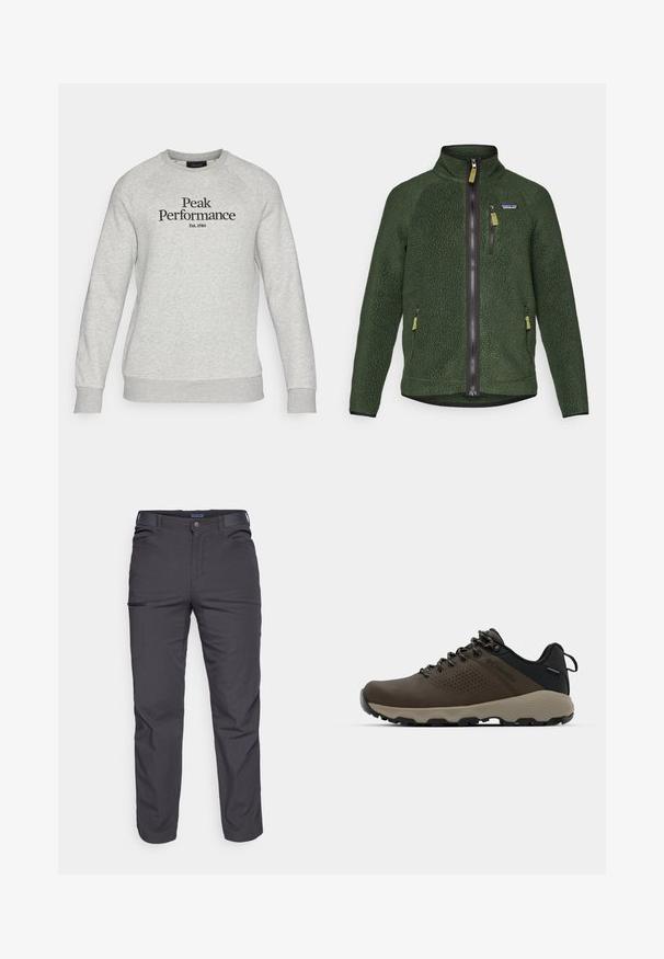 Sötétzöld bolyhos dzseki teljes elülső és mellkasi cipzárral, oldalsó cipzáras zsebekkel, és egy kis márkás logóval a bal mellkason.; Peak Performance ORIGINAL CREW-BLACK-OFFWHITE - Melegítőfelső - grey melange/black; Sötétszürke nadrág tartós anyagból, zipzáros zsebbel, egyenes szabású és övhurkokkal az állítható illeszkedéshez.; Barna vízálló sportcipők texturált felsőrésszel, perforált díszítésekkel, fekete saroktámasszal és szürke gumi talppal. A cipőfűzők fém végződésekkel vannak ellátva.