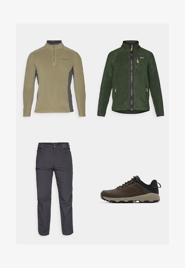 Tamnozeleni flis jakna s punim prednjim i prsniim patentnim zatvaračem, bočnim džepovima sa patentnim zatvaračem i malim brend logotipom na lijevoj strani prsnog koša.; Pulić od flisa u maslinasto zelenoj boji s tamnosivim bočnim panelima, s lažnim ovratnikom i prednjim patentnim zatvaračem. Ima mali logo na prsima.; Tamno sivi hlače od izdržljive tkanine, s patentnim zatvaračem na džepu, ravnog kroja i s petljama za remen za podešavanje veličine.; Smeđe vodootporne tenisice s teksturiranom gornjom i perforiranim detaljima, crnom potporom za petu i sivim gumiranim potplatom. Čipke su stilizirane s metalnim krajevima.