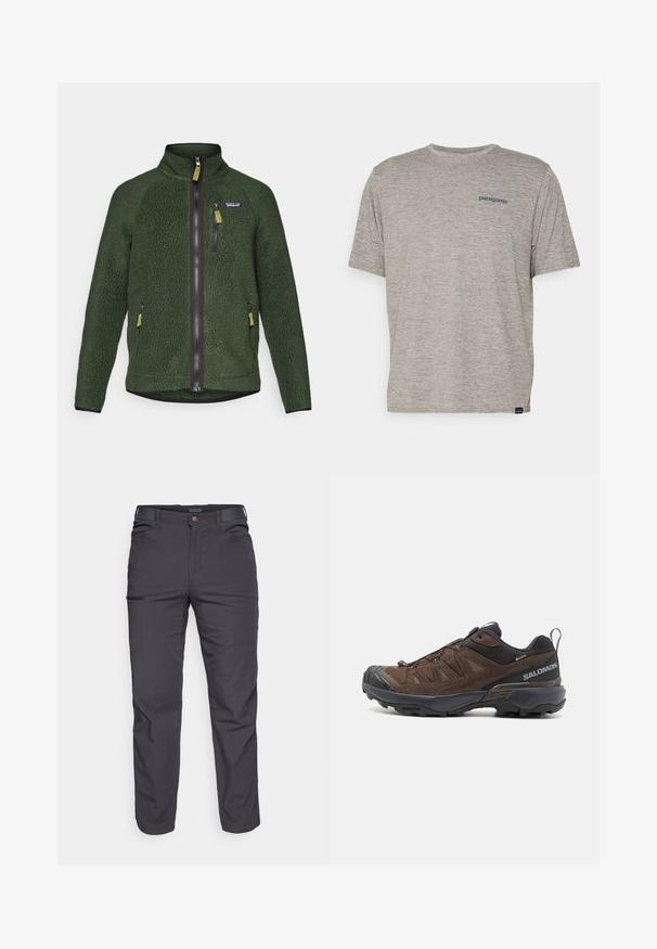 Tumši zaļš flīsa džemperis ar pilnu priekšējo un krūšu rāvējslēdzēju, sānu rāvējslēdzēja kabatām un mazu zīmola logotipu kreisajā krūtīs.; Pelēka īsām piedurknēm kreks, kas izgatavots no mīkstas teksturētas auduma, ar mazu zilu Patagonia logotipu kreisajā krūtī. Bez papildu rakstiem.; Tumši pelēki bikses, kas izgatavotas no izturīgas auduma, ar rāvējslēdzēja kabatu, taisnu piegriezumu un jostu cilpām, lai pielāgotu fit.; Brūni tūristu apavi ar sieta un zamša virsu, melni akcenti, teksturēta zole un elastīga saistošanas sistēma drošai piegulšanai. Sānos ir logo.
