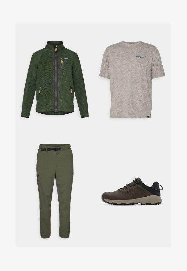 Σκούρο πράσινο φλις μπουφάν με πλήρη μπροστινό και θηκάκι στον θώρακα, πλαϊνές τσέπες με φερμουάρ και ένα μικρό λογότυπο μάρκας στο αριστερό θώρακα.; Γκρι κοντομάνικο T-shirt φτιαγμένο από μαλακό, υφασματοποιημένο υλικό με μικρό μπλε λογότυπο Patagonia στο αριστερό στήθος. Χωρίς επιπλέον μοτίβα.; Ελικοπράσινες cargo παντελόνες με ελαστική μέση και μαύρο κούμπωμα, με πλευρικές τσέπες και σχέδιο στενού ποδιού, κατασκευασμένες από ελαφρύ ύφασμα.; Καφέ αδιάβροχα αθλητικά παπούτσια με υφασμάτινη επάνω επιφάνεια, διατρήσεις, μαύρη στήριξη στη φτέρνα και γκρι ελαστική σόλα. Οι κορδόνες είναι διακοσμημένες με μεταλλικές άκρες.