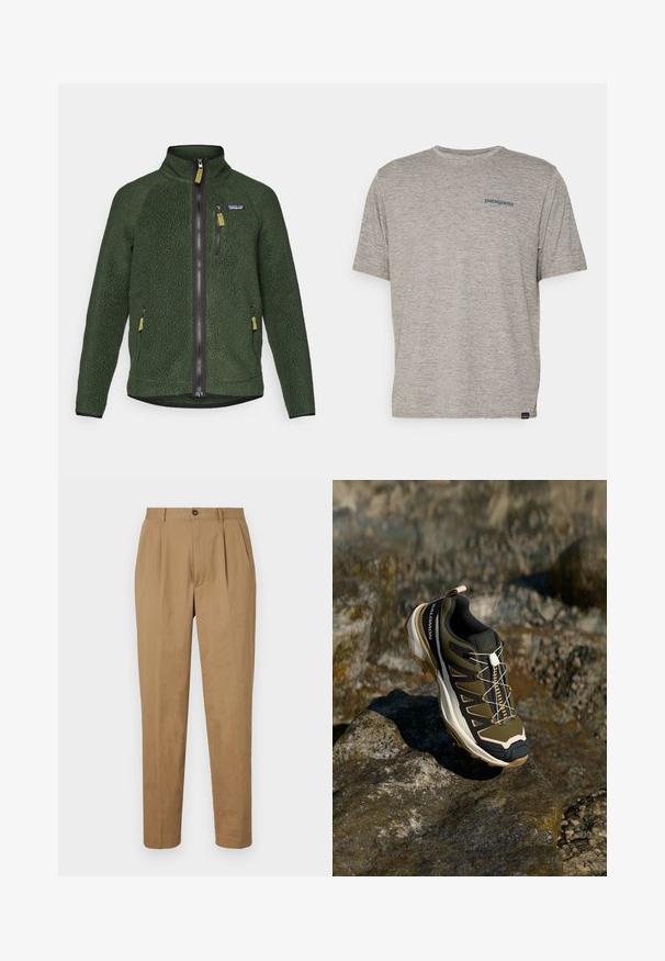 Tumši zaļš flīsa džemperis ar pilnu priekšējo un krūšu rāvējslēdzēju, sānu rāvējslēdzēja kabatām un mazu zīmola logotipu kreisajā krūtīs.; Pelēka īsām piedurknēm kreks, kas izgatavots no mīkstas teksturētas auduma, ar mazu zilu Patagonia logotipu kreisajā krūtī. Bez papildu rakstiem.; Gaiši brūnas plisētas bikses ar taisnu piegriezumu, izgatavotas no gludas auduma. Iekļauj priekšējo pogu aizdari un sānu kabatas.; Tūrisma apavi olīvzaļā un melnā krāsā ar rozā akcentiem. Iespējas ietver teksturētu virsu, elastīgu zoli, pastiprinātu purngalu un krāsainu šņorējuma sistēmu.