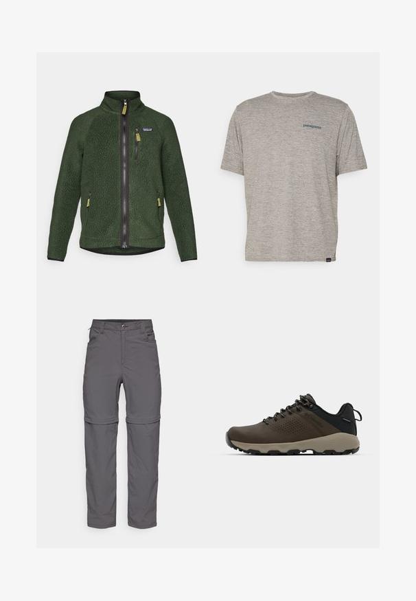 Tamsiai žalia vilnos striukė su pilnu priekiu ir krūtine užtrauktuku, šoninėmis užtrauktukų kišenėmis ir mažai prekių ženklų logotipu ant kairės krūtinės.; Pilkas trumpas rankovės marškinėliai, pagaminti iš minkštos, tekstūruotos medžiagos, ant kairiojo krūtinės puikuojasi mažas mėlynas Patagonia logotipas. Be papildomų raštų.; Pilkos zip-off kelnės su lygiu paviršiumi, pasižyminčios mygtuko uždarymu, priekinėmis kišenėmis ir reguliuojamais apykakliais, suteikiančios universalų stilių.; Rudi nepralaidūs sportbačiai su tekstūruota viršutine dalimi, perforuotomis detalėmis, juodu kulno palaikymu ir pilku guminio padu. Šniūreliai yra dekoruoti metaliniais galais.