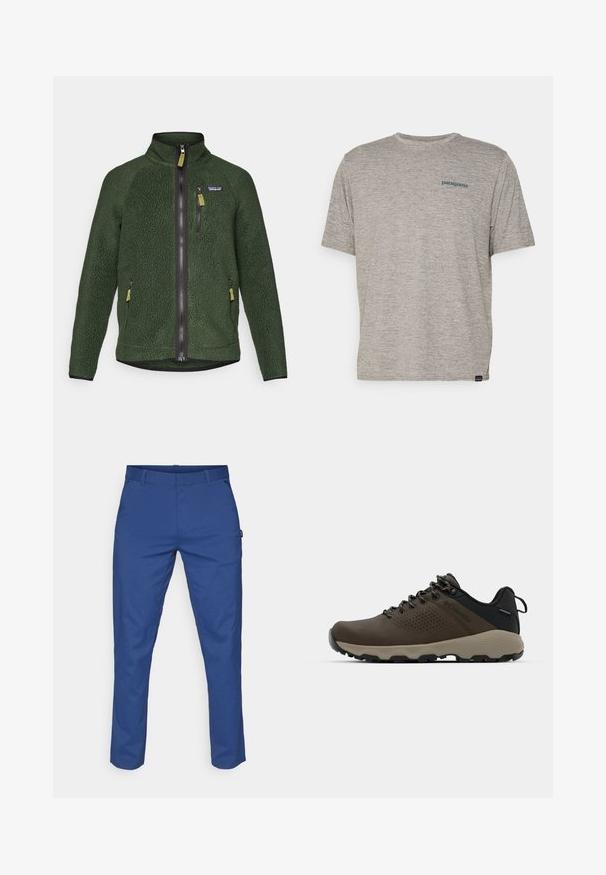 Tumma vihreä fleece-takki, jossa on täydellinen etu- ja rintavetoketju, sivuvetoketjutaskut ja pieni brändilogo vasemmassa rinnassa.; Harmaa lyhythihainen t-paita, joka on valmistettu pehmeästä, teksturoidusta kankaasta ja jossa on pieni sininen Patagonia-logo vasemmassa rinnassa. Ei muita kuvioita.; Siniset housut, jotka on valmistettu sileästä kankaasta, suoralinjaisella leikkauksella, kahdella sivutaskulla ja vyölenkeillä. Ei näkyviä kuvioita tai metalliosia.; Ruske vedenäyttävät lenkkarit, joissa on tekstuuroitu päällinen, reikiä korostavia yksityiskohtia, musta kantatuki ja harmaa kumipohja. Kiristysnauhoissa on metalliset päät.