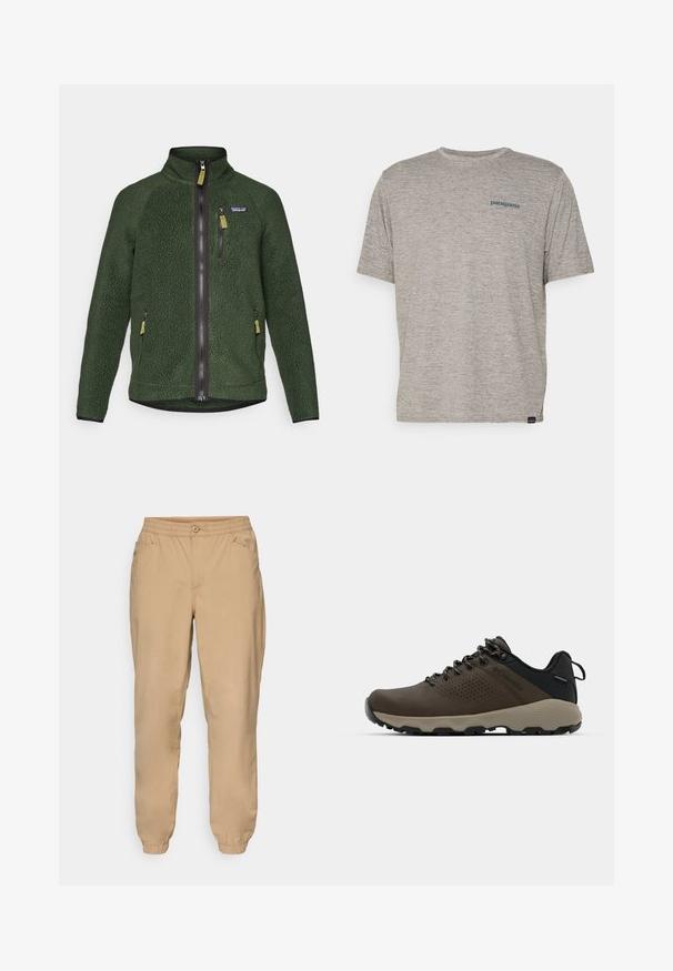Sötétzöld bolyhos dzseki teljes elülső és mellkasi cipzárral, oldalsó cipzáras zsebekkel, és egy kis márkás logóval a bal mellkason.; Szürke, rövid ujjú póló, puha, textúrált anyagból, bal mellkason egy kicsi kék Patagonia logóval. Nincsenek egyéb minták.; Beige színű, gumis derekú jogger nadrág gombos záródással, oldal zsebekkel és gumis szegélyekkel.; Barna vízálló sportcipők texturált felsőrésszel, perforált díszítésekkel, fekete saroktámasszal és szürke gumi talppal. A cipőfűzők fém végződésekkel vannak ellátva.