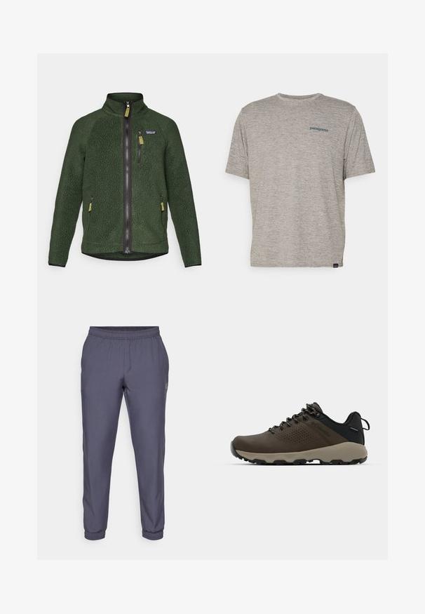 Tumma vihreä fleece-takki, jossa on täydellinen etu- ja rintavetoketju, sivuvetoketjutaskut ja pieni brändilogo vasemmassa rinnassa.; Harmaa lyhythihainen t-paita, joka on valmistettu pehmeästä, teksturoidusta kankaasta ja jossa on pieni sininen Patagonia-logo vasemmassa rinnassa. Ei muita kuvioita.; Harmaat urheiluhousut, joissa on joustava vyötärö, kapenevat lahkeet ja kapea helma. Sujuva pinta ja minimaalinen brändäys sivussa.; Ruske vedenäyttävät lenkkarit, joissa on tekstuuroitu päällinen, reikiä korostavia yksityiskohtia, musta kantatuki ja harmaa kumipohja. Kiristysnauhoissa on metalliset päät.
