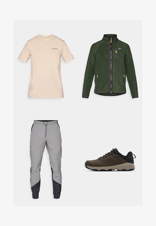 Tmavozelená fleece bunda s plným zipsom vpredu a na hrudi, bočnými zipsovými vreckami a malým logom značky na ľavej hrudi.; Béžové tričko s krátkym rukávom vyrobené z bavlny, s malým čiernym logom Columbia na ľavej hrudi. Štandardný dizajn s okrúhlym výstrihom.; Ľahké, šedé športové nohavice s čiernymi akcentmi. Elastický pás, sťahovanie pomocou šnúrky, zúžený strih nohavíc a bočné vrecká.; Hnedé vodoodolné tenisky s textúrovaným zvrškom, perforovanými detailmi, čiernou oporou päty a šedou gumovou podrážkou. Šnúrky sú ozdobené kovovými koncami.