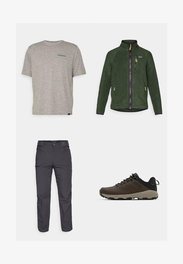 Tumši zaļš flīsa džemperis ar pilnu priekšējo un krūšu rāvējslēdzēju, sānu rāvējslēdzēja kabatām un mazu zīmola logotipu kreisajā krūtīs.; Pelēka īsām piedurknēm kreks, kas izgatavots no mīkstas teksturētas auduma, ar mazu zilu Patagonia logotipu kreisajā krūtī. Bez papildu rakstiem.; Tumši pelēki bikses, kas izgatavotas no izturīgas auduma, ar rāvējslēdzēja kabatu, taisnu piegriezumu un jostu cilpām, lai pielāgotu fit.; Brūni ūdensnecaurlaidīgi sporta apavi ar teksturētu virsu, perforētiem akcentiem, melnu papēža atbalstu un pelēku gumijas zoli. Šņores veidotas ar metāliskiem galiem.