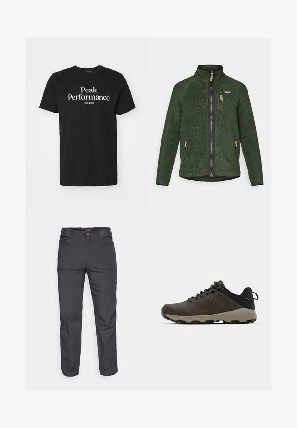 Tmavě zelená fleecová bunda s plným předním a hrudním zipem, bočními zipovými kapsami a malým logem značky na levé části hrudi.; Černé bavlněné tričko s bílou grafikou, která zobrazuje nápis "Peak Performance Est. 1986." Kulatý výstřih a krátké rukávy.; Tmavě šedé kalhoty vyrobené z odolné tkaniny, s kapsou na zip, rovný střih a s poutky na opasek pro nastavitelné nošení.; Hnědé nepromokavé sneakers s texturovaným svrškem, perforovanými detaily, černým oporou paty a šedou gumovou podrážkou. Šňůrky mají kovové konce.