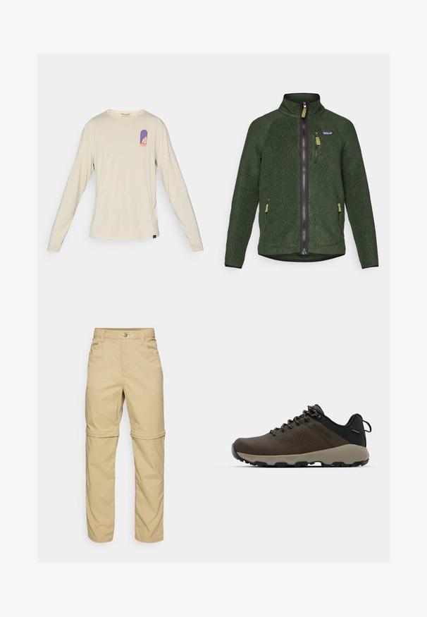 Temno zelena flis jakna z zadrgo po celotni sprednji strani in na prsih, stranskimi žepi z zadrgo ter majhnim logotipom blagovne znamke na levi strani prsnega dela.; Bežna majica z dolgimi rokavi Patagonia s kompaktnim modrim in rdečim logotipom na zgornjem levem prsnem delu, ki vključuje stilizirano zasnovo in besedilo.; Bež hlače z možnostjo odpnevanja z gladko teksturo, ki imajo dve stranski žep in zaponko na gumb, ter lahko zavihane manšete za večjo vsestranskost.; Rjave vodoodporne superge z teksturiranim zgornjim delom, perforiranimi detajli, črno podporo za peto in sivo gumijasto podlogo. Šnure imajo metalne konice.